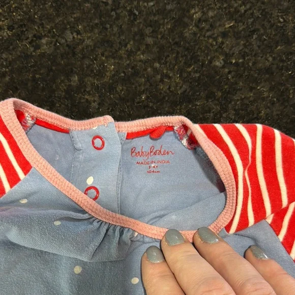 Blue Dress with Red Striped Sleeves - Picture 2 of 7